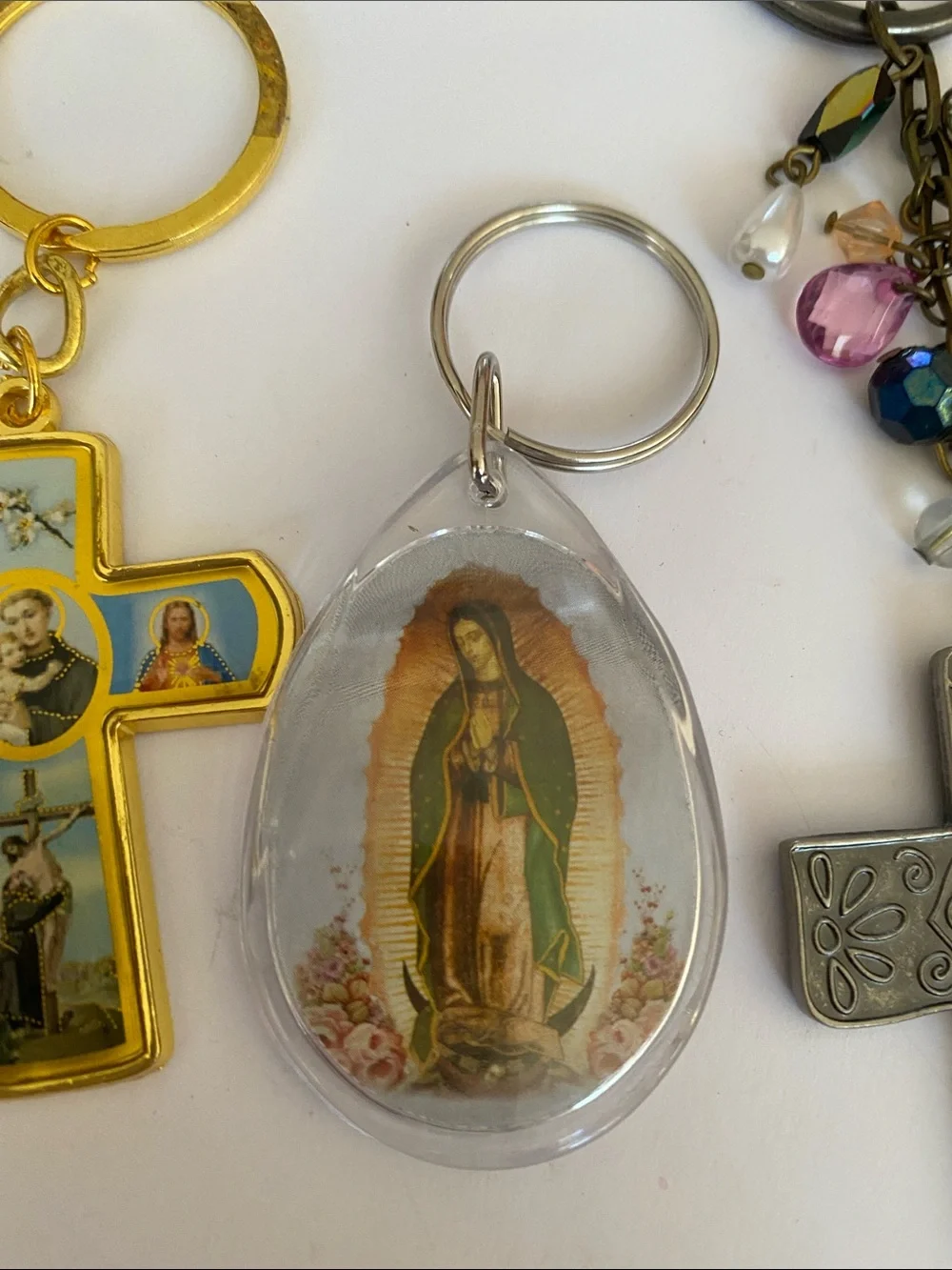 Religious Keychain Trio - Gold, Clear, Antique Silver